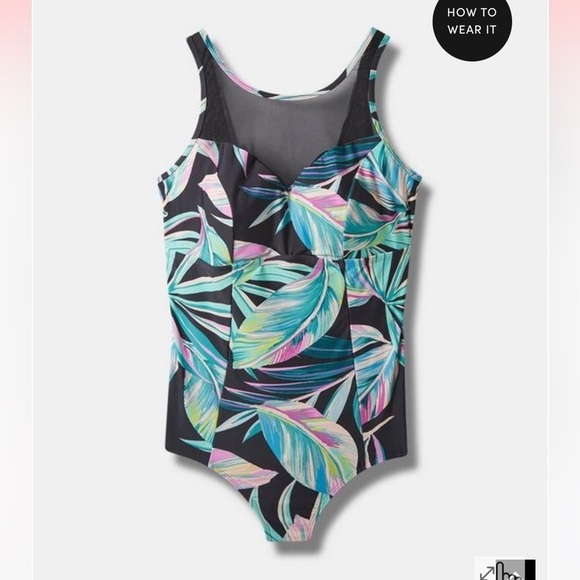 Torrid Wireless Mesh High Neck One Piece Swimsuit Pretty Summer Leaves Black NEW - Picture 5 of 7